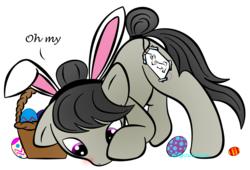 Size: 1892x1284 | Tagged: safe, artist:zomgitsalaura, octavia melody, earth pony, pony, g4, basket, blushing, bunny ears, dialogue, easter, egg, female, simple background, solo, transparent background