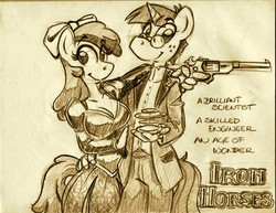 Size: 1100x850 | Tagged: safe, artist:trollie trollenberg, apple bloom, snails, earth pony, unicorn, anthro, g4, breasts, busty apple bloom, female, male, monochrome, ship:snailbloom, steampunk, traditional art