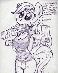 Size: 843x1061 | Tagged: safe, artist:trollie trollenberg, derpy hooves, anthro, g4, adventures in ponyville, derp, female, mail, mail in every orifice, monochrome, solo, traditional art