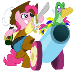 Size: 1577x1527 | Tagged: safe, artist:rannva, gummy, pinkie pie, earth pony, parrot, pony, g4, bottle, eyepatch, female, mare, party cannon, pirate, simple background, sword, transparent background
