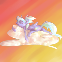 Size: 1000x1000 | Tagged: safe, artist:ponygoggles, cloudchaser, pony, g4, cloud, eyes closed, female, prone, solo, sunset