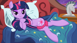 Size: 2844x1600 | Tagged: dead source, safe, artist:illuminatiums, twilight sparkle, pony, unicorn, g4, bed, bedroom eyes, clothes, female, hooves, lingerie, looking at you, mare, smiling, solo, unicorn twilight