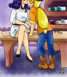 Size: 2347x2662 | Tagged: safe, artist:shiko-k, applejack, rarity, human, g4, applejack's hat, boots, cowboy boots, cowboy hat, female, hat, high res, humanized, kissing, lesbian, ship:rarijack, shipping