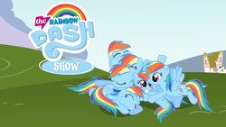 Size: 1024x576 | Tagged: safe, rainbow dash, pegasus, pony, g4, ^^, dashstorm, eyes closed, female, mare, multeity, narcissism, pony pile, rainbow narcissist, self paradox, self ponidox, sleepydash, the rainbow dash show