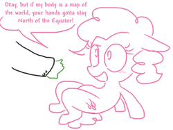 Size: 623x467 | Tagged: safe, artist:weaver, pinkie pie, oc, oc:anon, human, g4, bellyrubs, blushing, dialogue, petting, simple background, white background