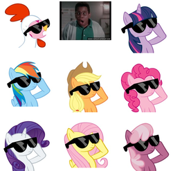 Size: 644x635 | Tagged: safe, applejack, cheerilee, fluttershy, pinkie pie, rainbow dash, rarity, twilight sparkle, g4, female, ponibooru, steve urkel, sunglasses