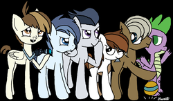 Size: 3072x1792 | Tagged: safe, artist:ningadash, featherweight, lickety split, pipsqueak, rumble, shady daze, spike, dragon, earth pony, pegasus, pony, g4, ball, black background, camera, colt, group, looking away, sextet, simple background