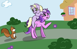 Size: 900x568 | Tagged: safe, artist:1-deidara-1, amethyst star, dinky hooves, sparkler, pony, squirrel, unicorn, g4, big sister, dinky riding amethyst star, female, filly, flower, foal, ponies riding ponies, riding, sisterly sparkler, sisters