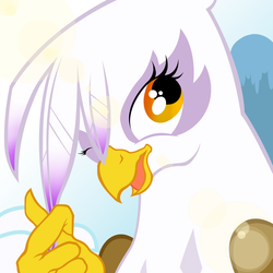 Size: 1050x1050 | Tagged: safe, artist:patulian.gray, artist:patuliangray, gilda, griffon, g4, bust, female, lens flare, looking at you, one eye closed, open mouth, solo, wink