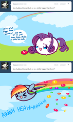 Size: 585x978 | Tagged: safe, rainbow dash, rarity, ask my little chubbies, g4, candy, chubbie, duo, female, flying, food, rainbow trail, skittles