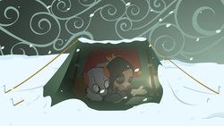 Size: 1920x1080 | Tagged: safe, artist:misteraibo, oc, oc only, blizzard, clothes, flag, lantern, mask, snow, snowfall, sturmpony, tent