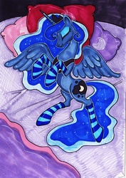 Size: 800x1129 | Tagged: safe, artist:dragonfly, princess luna, pony, g4, bed, clothes, female, sleeping, socks, solo, striped socks, traditional art