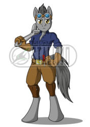 Size: 831x1175 | Tagged: safe, artist:sonicpegasus, oc, oc only, earth pony, anthro, unguligrade anthro, clothes, earth pony oc, male, obtrusive watermark, solo, standing, tools, watermark