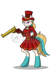 Size: 900x1273 | Tagged: safe, artist:sonicpegasus, oc, oc only, anthro, unguligrade anthro, clothes, glasses, gloves, gun, handgun, hat, obtrusive watermark, revolver, skirt, solo, top hat, watermark