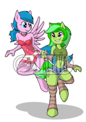 Size: 800x1131 | Tagged: safe, artist:sonicpegasus, oc, oc only, oc:berry, oc:thistle, anthro, unguligrade anthro, choker, clothes, dress, duo, female, holding hands, leg warmers, looking at each other, obtrusive watermark, shorts, tank top, watermark