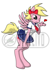 Size: 600x849 | Tagged: safe, artist:sonicpegasus, oc, oc only, pegasus, anthro, unguligrade anthro, blowing a kiss, bow, clothes, female, heart, mare, obtrusive watermark, one eye closed, pegasus oc, sailor uniform, skirt, solo, uniform, watermark, wings, wink