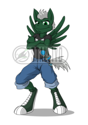 Size: 900x1273 | Tagged: safe, artist:sonicpegasus, oc, oc only, pegasus, anthro, unguligrade anthro, clothes, crossed arms, looking at you, male, obtrusive watermark, pegasus oc, simple background, smiling, smiling at you, smirk, solo, spread wings, transparent background, watermark, wings