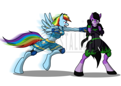 Size: 1185x838 | Tagged: safe, artist:sonicpegasus, rainbow dash, oc, pegasus, anthro, unguligrade anthro, g4, boxing gloves, clothes, duo, knee pads, obtrusive watermark, shorts, simple background, sparring, tank top, transparent background, watermark