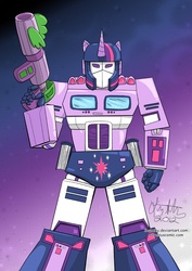 Size: 595x842 | Tagged: safe, artist:lizstaley, spike, twilight sparkle, g4, book, crossover, gun, optimus prime, species swap, transformerfied, transformers, weapon