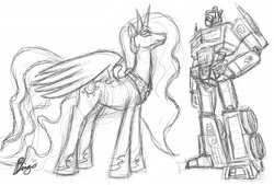 Size: 800x540 | Tagged: safe, artist:bingodingo, princess celestia, g4, optilestia, optimus prime, transformers