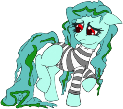 Size: 1212x1067 | Tagged: safe, artist:dimvitrarius, oc, oc only, oc:dulset tarn, kelpie, pony, female, frown, lidded eyes, looking back, mare, messy mane, raised hoof, raised leg, solo