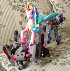 Size: 886x902 | Tagged: safe, princess celestia, g4, clash of hasbro's titans, fight, megatron, pinklestia, starscream, trampling, transformers, transformers animated