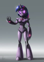 Size: 751x1063 | Tagged: safe, artist:grissaecrim, twilight sparkle, gynoid, robot, anthro, g4, female, looking at you, mecha, smiling, solo, twibot