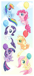 Size: 800x1785 | Tagged: safe, artist:steffy-beff, applejack, fluttershy, pinkie pie, rainbow dash, rarity, twilight sparkle, earth pony, pegasus, pony, unicorn, g4, balloon, chibi, cloud, colored pupils, cute, diapinkes, female, floating, mane six, open mouth, profile, sky, then watch her balloons lift her up to the sky