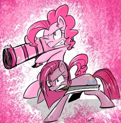 Size: 886x900 | Tagged: safe, artist:coin-trip39, pinkie pie, g4, cannon, cleaver, duality, fight, knife, pinkamena diane pie, weapon