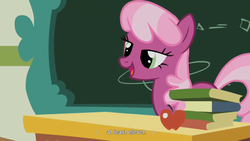 Size: 900x506 | Tagged: safe, screencap, cheerilee, earth pony, pony, g4, chalkboard, female, meme, ponyville schoolhouse, solo, youtube caption