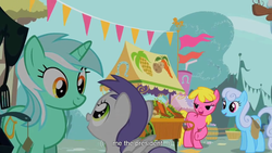 Size: 900x506 | Tagged: safe, edit, edited screencap, screencap, cherry berry, lyra heartstrings, shoeshine, tornado bolt, pony, unicorn, call of the cutie, g4, caption, female, horn, mare, text, youtube caption