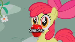Size: 900x506 | Tagged: safe, edit, edited screencap, screencap, apple bloom, earth pony, pony, friendship is witchcraft, call of the cutie, g4, season 1, apple bloom's bow, bow, buy some apples, censored, cute from the hip, female, filly, foal, golden eyes, hair bow, no, red hair, red mane, red tail, solo, tail, wide eyes, yellow body, yellow coat, yellow fur, yellow pony, youtube caption