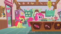 Size: 900x506 | Tagged: safe, edit, edited screencap, screencap, apple bloom, pinkie pie, earth pony, pony, g4, season 1, apple bloom's bow, bow, cabinet, candy, candy cane, caption, counter, cupboard, curtains, day, door, duo, female, filly, foal, food, hair bow, indoors, kitchen, lamp, lollipop, looking at you, mare, meme, muffin tray, salt shaker, smiling, text, window, youtube caption, youtube link