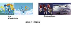 Size: 4109x1750 | Tagged: safe, blaze, fire streak, misty fly, silver lining, silver zoom, soarin', spitfire, surprise, g1, g4, aerialbots, air raid, exploitable meme, fire flight, flying, goggles, make it happen, meme, silverbolt, skydive, slingshot (transformers), transformers, wonderbolts, wonderbolts uniform