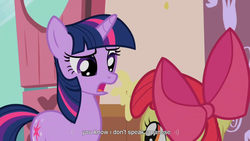 Size: 900x506 | Tagged: safe, edit, edited screencap, screencap, apple bloom, twilight sparkle, pony, unicorn, friendship is witchcraft, g4, caption, cute from the hip, female, japanese, mare, youtube caption