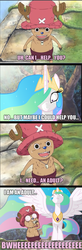 Size: 720x2195 | Tagged: safe, artist:irie-mangastudios, princess celestia, alicorn, deer, pony, reindeer, princess molestia, g4, bloodshot eyes, clothes, comic, dragon ball, dragonball z abridged, eye bulging, female, hat, i am an adult, i need an adult, male, mare, one piece, scared, shorts, spread wings, sweat, tony tony chopper, whistle, wings