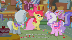 Size: 900x506 | Tagged: safe, screencap, apple bloom, diamond tiara, silver spoon, earth pony, pony, call of the cutie, g4, season 1, bow, braid, caption, clothes, crown, dress, glasses, jewelry, looking at someone, necklace, raised hoof, regalia, smiling, standing on three hooves, sugarcube corner, talking, text, trio, two toned mane, wat, youtube caption