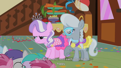 Size: 900x506 | Tagged: safe, screencap, diamond tiara, silver spoon, tornado bolt, earth pony, pony, friendship is witchcraft, call of the cutie, g4, angry, clothes, cute from the hip, dress, duo, duo focus, female, filly, foal, saddle, tack, youtube caption