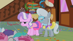 Size: 900x506 | Tagged: safe, screencap, diamond tiara, silver spoon, tornado bolt, earth pony, pony, friendship is witchcraft, call of the cutie, g4, angry, clothes, cute from the hip, dress, duo, duo focus, female, filly, foal, glasses, saddle, tack, youtube caption