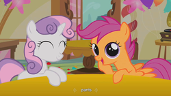 Size: 900x506 | Tagged: safe, screencap, scootaloo, sweetie belle, pegasus, pony, unicorn, call of the cutie, g4, female, filly, foal, horn, youtube caption