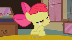 Size: 900x506 | Tagged: safe, screencap, apple bloom, earth pony, pony, call of the cutie, g4, cupcake, female, filly, foal, food, solo, sugarcube corner, table, text, youtube caption