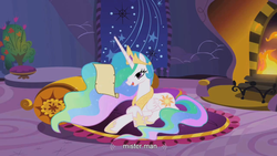 Size: 900x506 | Tagged: safe, screencap, princess celestia, alicorn, pony, g4, celestia's bedroom, female, fireplace, mare, prone, solo, youtube caption