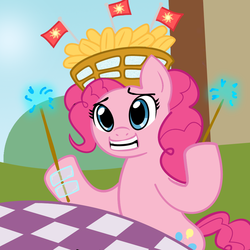 Size: 907x907 | Tagged: safe, artist:megasweet, pinkie pie, earth pony, pony, g4, basket, bipedal, female, flag, food, male, moe syzlak, simpsons did it, solo, sparkler (firework), the simpsons