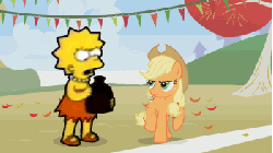 Size: 350x197 | Tagged: safe, edit, edited screencap, screencap, applejack, earth pony, pony, fall weather friends, g4, season 1, animated, crossover, female, frown, glare, jug, lisa simpson, male, mare, open mouth, prancing, raised hoof, raised leg, the simpsons, trotting, trotting in place