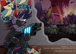 Size: 800x570 | Tagged: safe, artist:niban-destikim, princess celestia, twilight sparkle, pony, g4, armor, bipedal, future twilight, gun, weapon