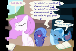 Size: 2500x1693 | Tagged: safe, artist:dazed-and-wandering, princess celestia, princess luna, trixie, alicorn, pony, unicorn, ask stalker trixie, g4, celestia is not amused, filly, foal, nose in the air, pink-mane celestia, singing, unamused, walking on sunshine, woona