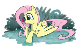Size: 1262x782 | Tagged: safe, artist:probablyfakeblonde, fluttershy, butterfly, pegasus, pony, g4, butterfly on nose, female, grass, insect on nose, looking at something, lying down, mare, outdoors, prone, simple background, solo, spread wings, transparent background, wings