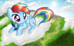 Size: 1130x705 | Tagged: safe, artist:idontknow350, rainbow dash, pegasus, pony, g4, cloud, cloudy, female, solo