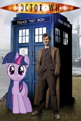 Size: 473x709 | Tagged: safe, edit, twilight sparkle, pony, unicorn, g4, crossover, david tennant, doctor who, duo, female, male, mare, tardis, tenth doctor, the doctor
