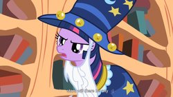 Size: 900x506 | Tagged: safe, screencap, star swirl the bearded, twilight sparkle, pony, unicorn, g4, luna eclipsed, book, cape, clothes, cosplay, costume, fake beard, golden oaks library, hat, nightmare night costume, solo, star swirl the bearded costume, twilight the bearded, unicorn twilight, youtube caption